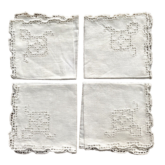 Vintage White Cotton Muslin Fabric Cocktail Napkins Cutwork Hand Finished (4) - Picture 3 of 4
